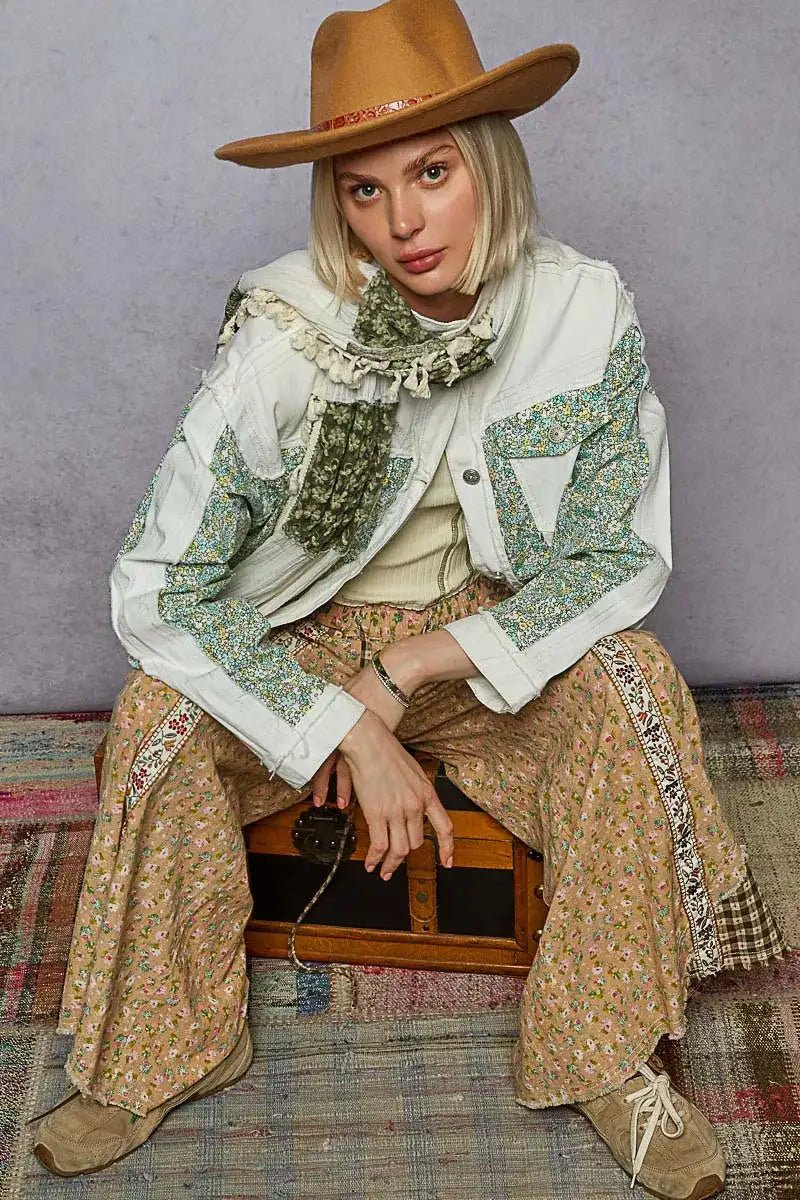 POL Button Down Patchwork Denim Jacket with Floral Print Details - Bela Fils BoutiqueBela Fils Boutique